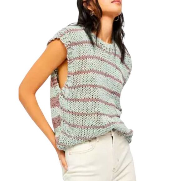 Free People wave after wave sleeveless sweater aqua and taupe stripe size Medium - Picture 1 of 6